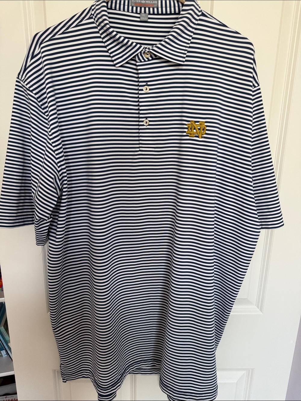 Peter Millar Navy & White Striped Polo with Gold Logo